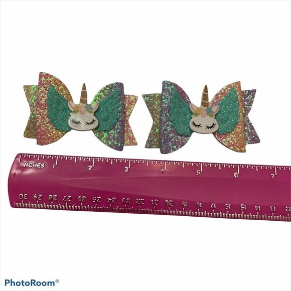 Set of 2 Adorable Iridescent Unicorn Hairbows - Picture 3 of 4